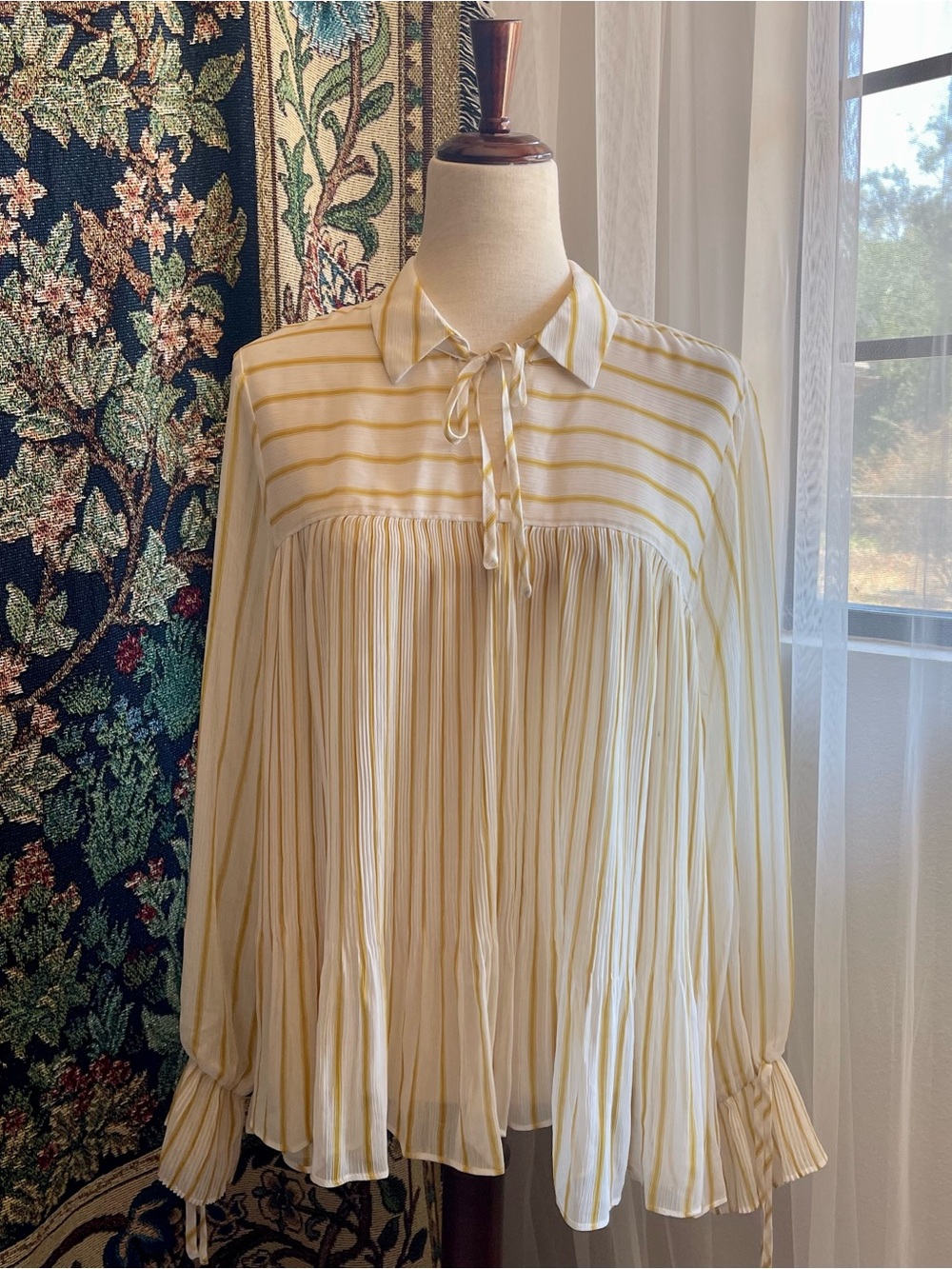 Yellow x White Striped Accordion Pleated Chiffon Blouse With Collar / Neck Tie